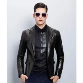 Veste en Cuir Lisse Homme Blazer Cintrée Fermeture Bouton Unique